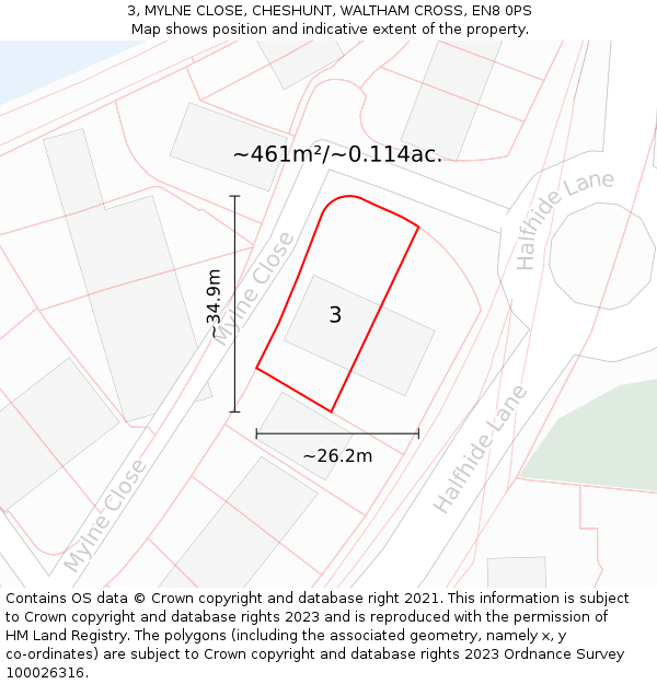 3, MYLNE CLOSE, CHESHUNT, WALTHAM CROSS, EN8 0PS: Plot and title map