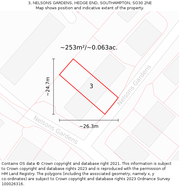 3, NELSONS GARDENS, HEDGE END, SOUTHAMPTON, SO30 2NE: Plot and title map