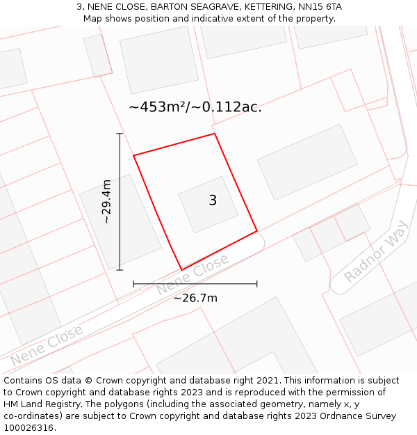 3, NENE CLOSE, BARTON SEAGRAVE, KETTERING, NN15 6TA: Plot and title map