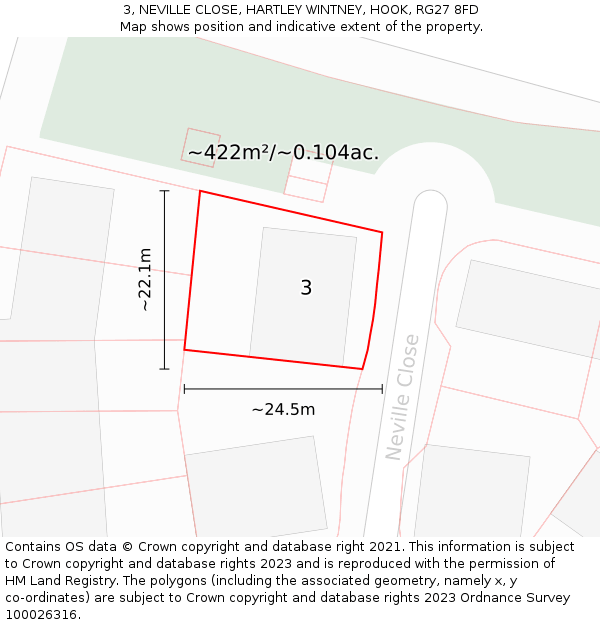 3, NEVILLE CLOSE, HARTLEY WINTNEY, HOOK, RG27 8FD: Plot and title map