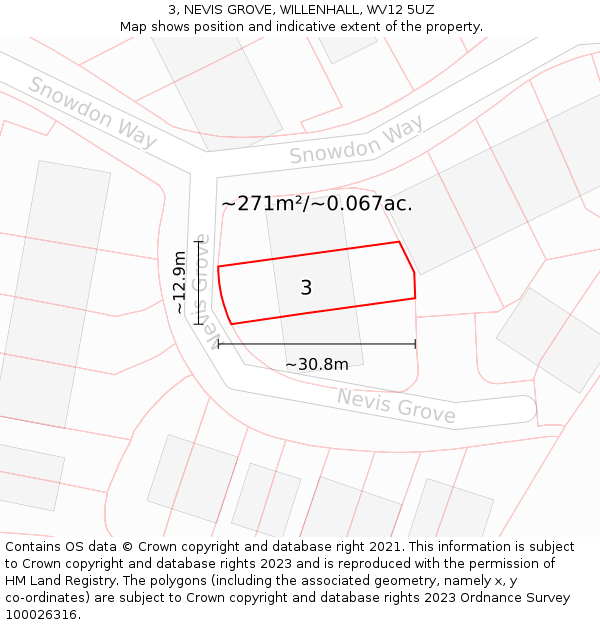 3, NEVIS GROVE, WILLENHALL, WV12 5UZ: Plot and title map