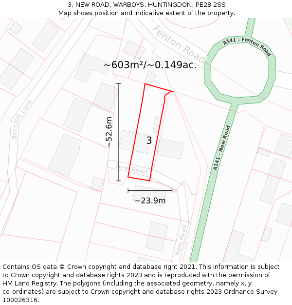 3, NEW ROAD, WARBOYS, HUNTINGDON, PE28 2SS: Plot and title map