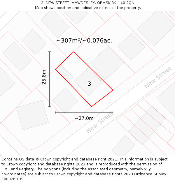 3, NEW STREET, MAWDESLEY, ORMSKIRK, L40 2QN: Plot and title map