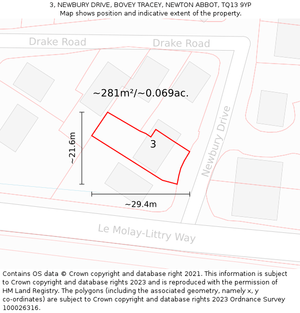 3, NEWBURY DRIVE, BOVEY TRACEY, NEWTON ABBOT, TQ13 9YP: Plot and title map