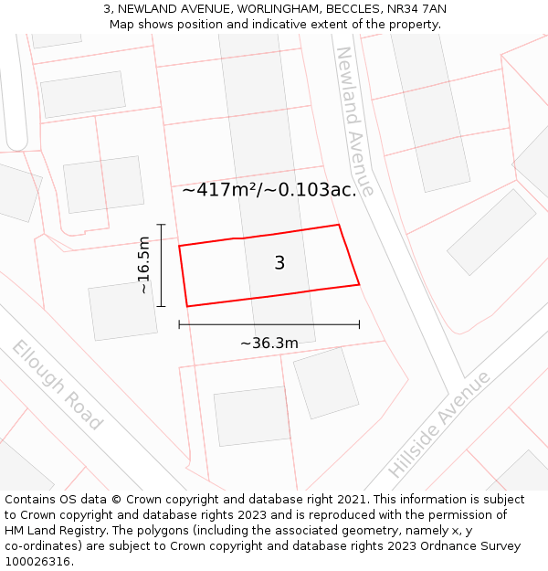 3, NEWLAND AVENUE, WORLINGHAM, BECCLES, NR34 7AN: Plot and title map