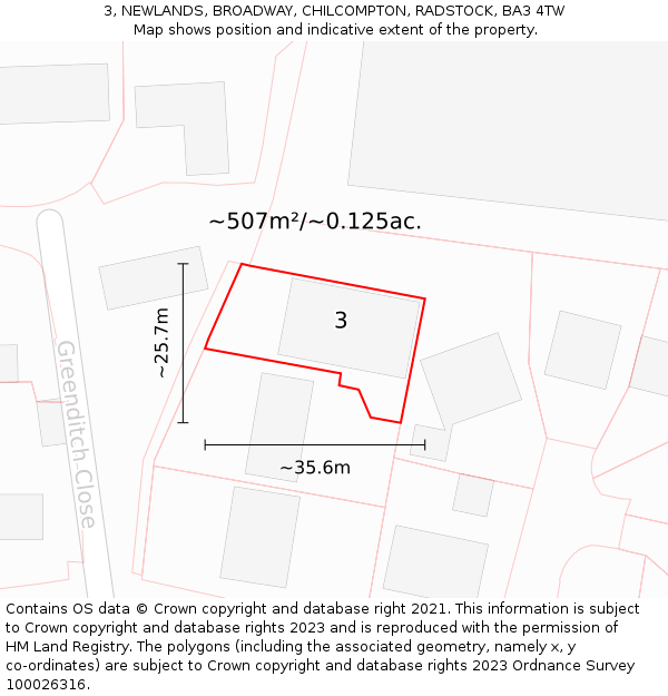 3, NEWLANDS, BROADWAY, CHILCOMPTON, RADSTOCK, BA3 4TW: Plot and title map