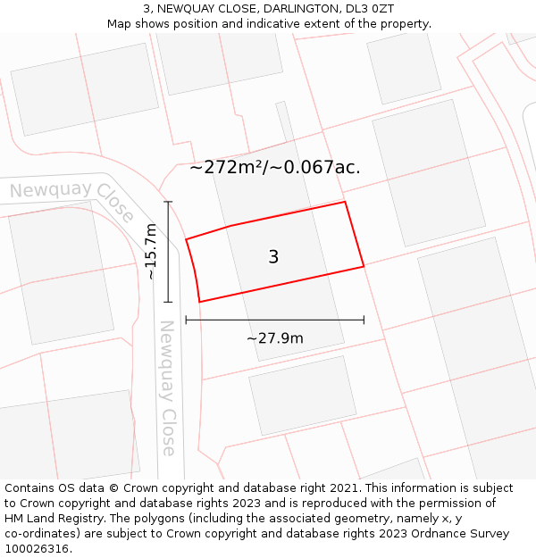 3, NEWQUAY CLOSE, DARLINGTON, DL3 0ZT: Plot and title map