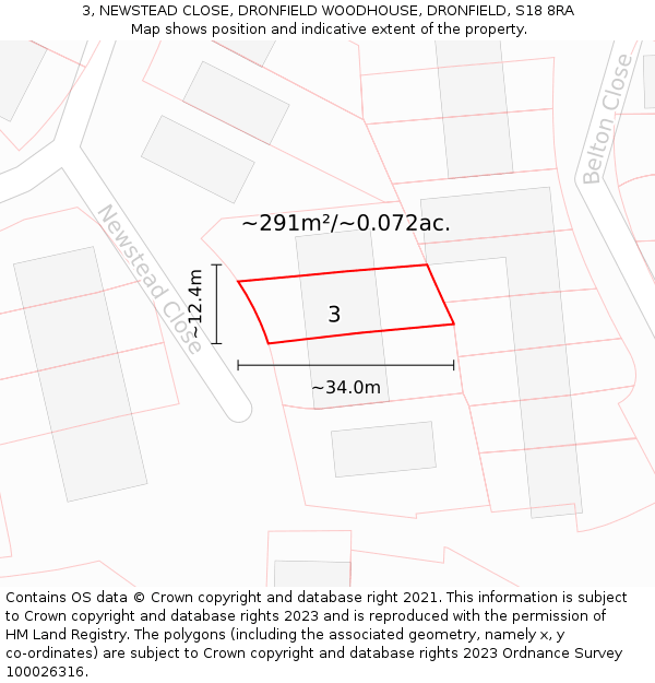 3, NEWSTEAD CLOSE, DRONFIELD WOODHOUSE, DRONFIELD, S18 8RA: Plot and title map