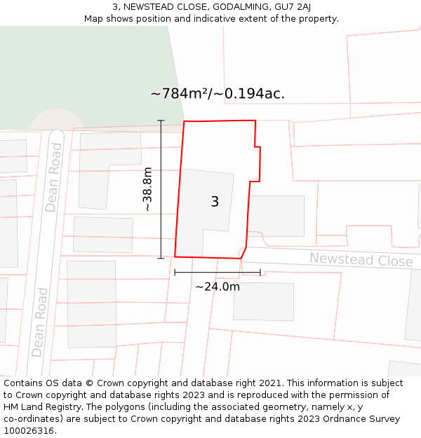3, NEWSTEAD CLOSE, GODALMING, GU7 2AJ: Plot and title map