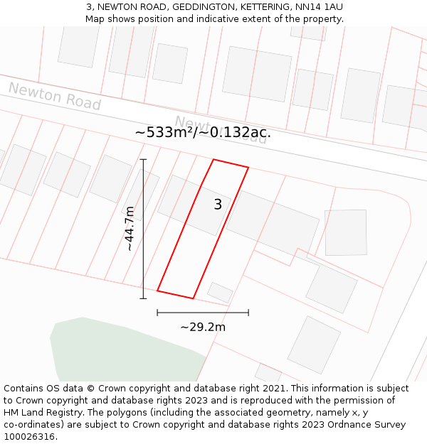 3, NEWTON ROAD, GEDDINGTON, KETTERING, NN14 1AU: Plot and title map