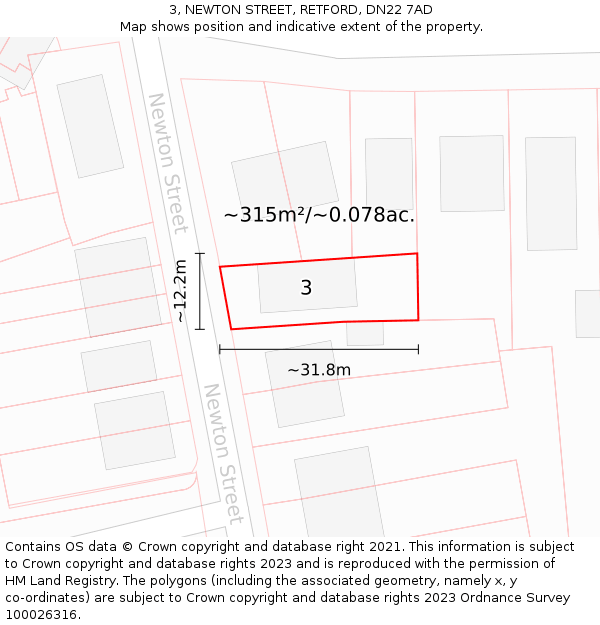 3, NEWTON STREET, RETFORD, DN22 7AD: Plot and title map