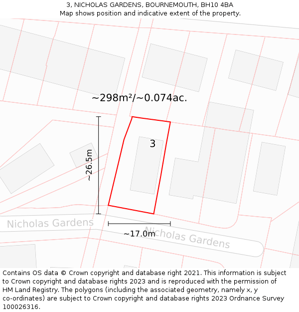 3, NICHOLAS GARDENS, BOURNEMOUTH, BH10 4BA: Plot and title map