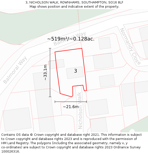 3, NICHOLSON WALK, ROWNHAMS, SOUTHAMPTON, SO16 8LF: Plot and title map