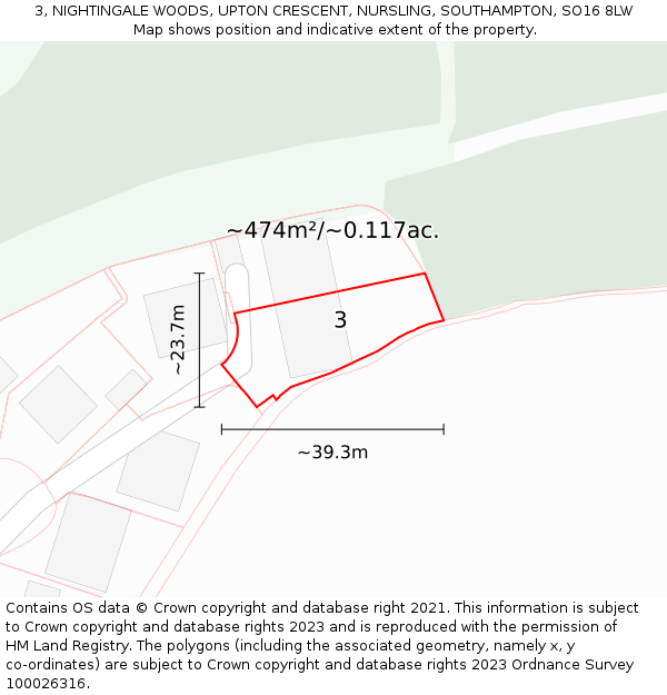 3, NIGHTINGALE WOODS, UPTON CRESCENT, NURSLING, SOUTHAMPTON, SO16 8LW: Plot and title map