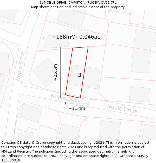 3, NOBLE DRIVE, CAWSTON, RUGBY, CV22 7FL: Plot and title map