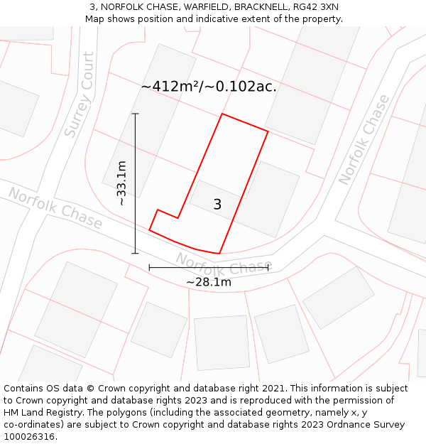 3, NORFOLK CHASE, WARFIELD, BRACKNELL, RG42 3XN: Plot and title map
