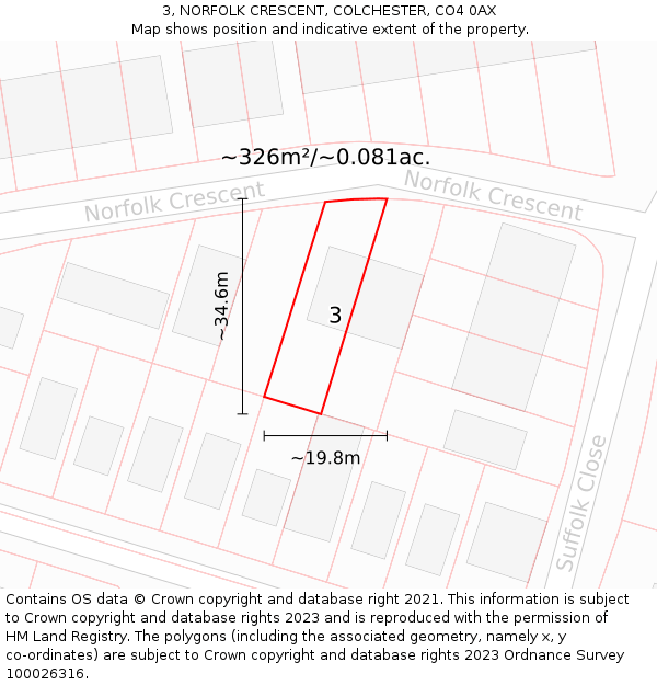 3, NORFOLK CRESCENT, COLCHESTER, CO4 0AX: Plot and title map