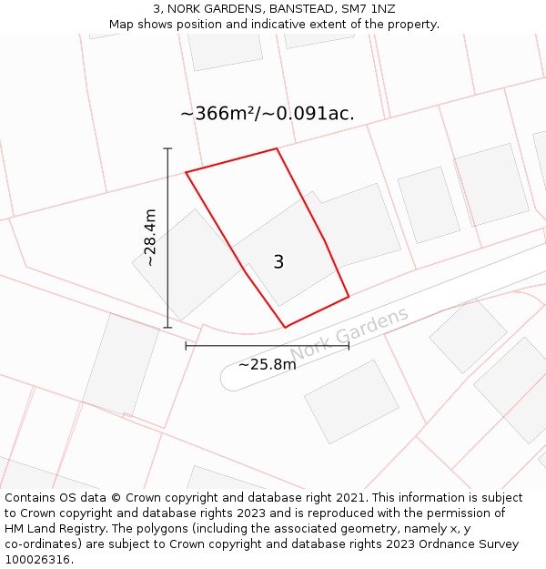 3, NORK GARDENS, BANSTEAD, SM7 1NZ: Plot and title map