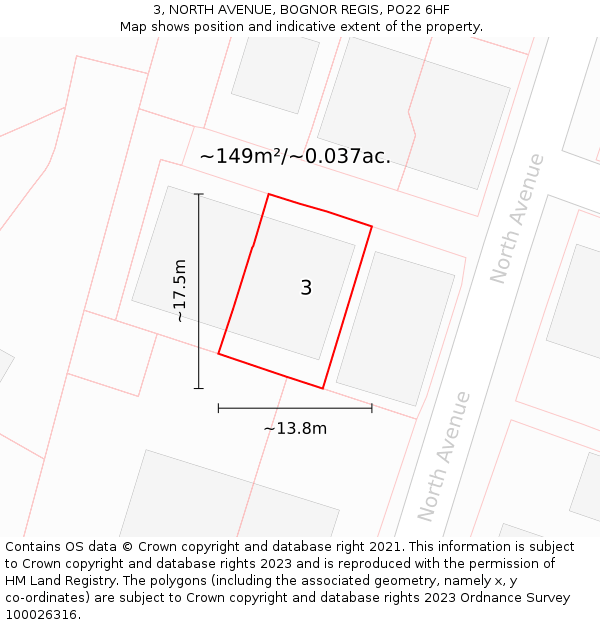3, NORTH AVENUE, BOGNOR REGIS, PO22 6HF: Plot and title map