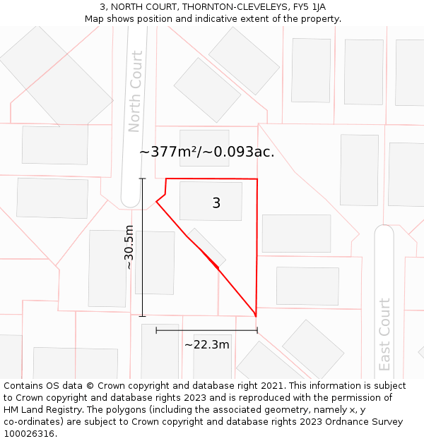 3, NORTH COURT, THORNTON-CLEVELEYS, FY5 1JA: Plot and title map