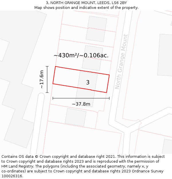 3, NORTH GRANGE MOUNT, LEEDS, LS6 2BY: Plot and title map