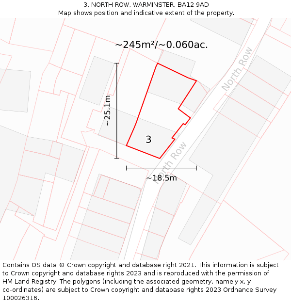 3, NORTH ROW, WARMINSTER, BA12 9AD: Plot and title map