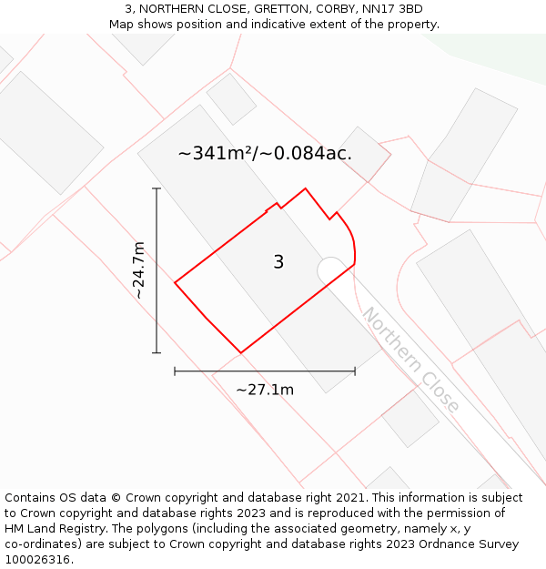 3, NORTHERN CLOSE, GRETTON, CORBY, NN17 3BD: Plot and title map