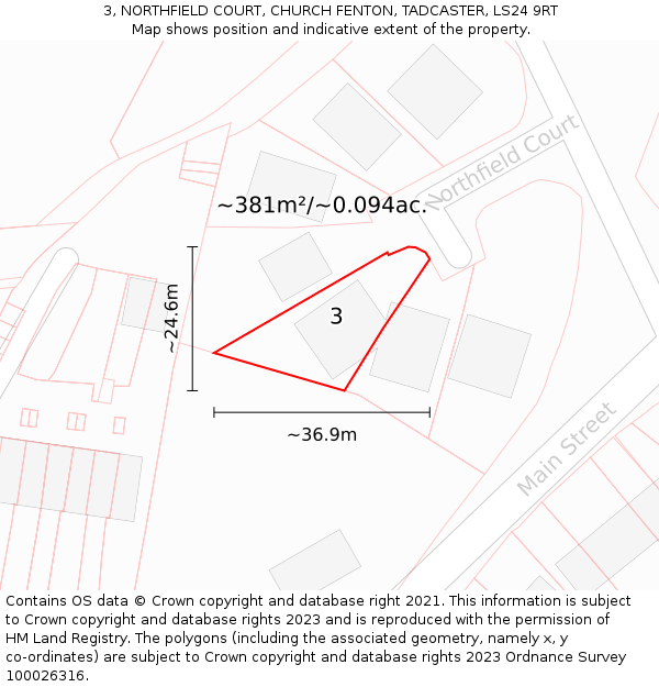 3, NORTHFIELD COURT, CHURCH FENTON, TADCASTER, LS24 9RT: Plot and title map