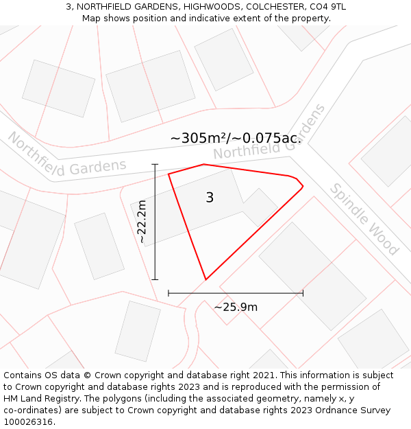 3, NORTHFIELD GARDENS, HIGHWOODS, COLCHESTER, CO4 9TL: Plot and title map