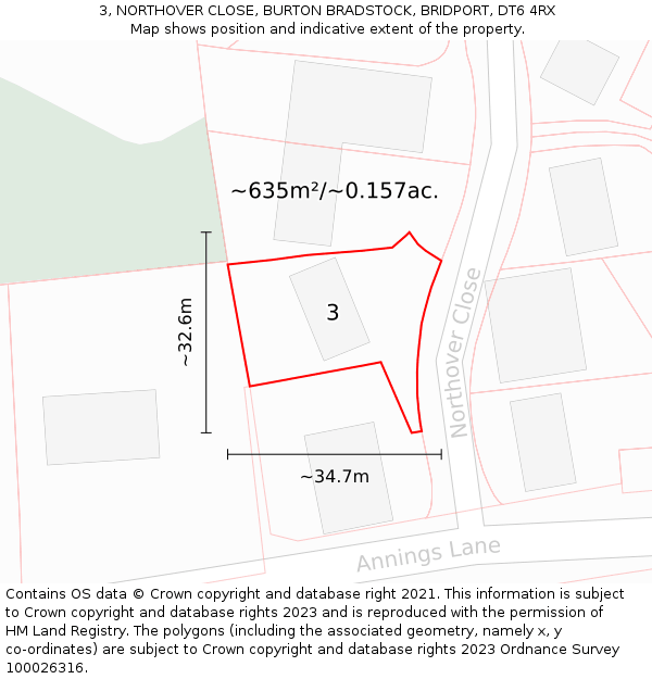 3, NORTHOVER CLOSE, BURTON BRADSTOCK, BRIDPORT, DT6 4RX: Plot and title map