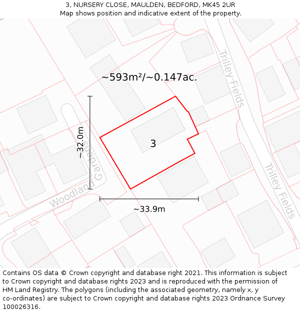 3, NURSERY CLOSE, MAULDEN, BEDFORD, MK45 2UR: Plot and title map
