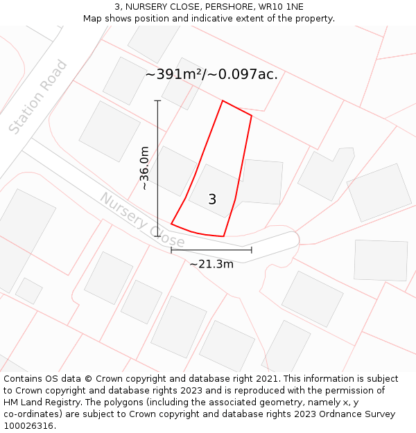 3, NURSERY CLOSE, PERSHORE, WR10 1NE: Plot and title map