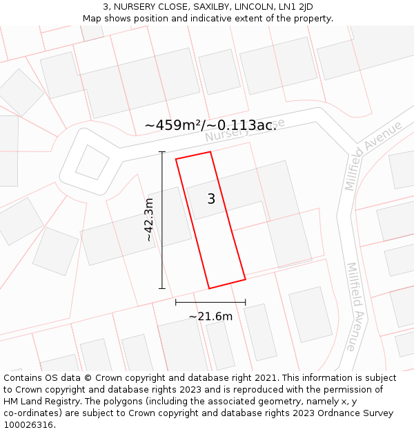 3, NURSERY CLOSE, SAXILBY, LINCOLN, LN1 2JD: Plot and title map