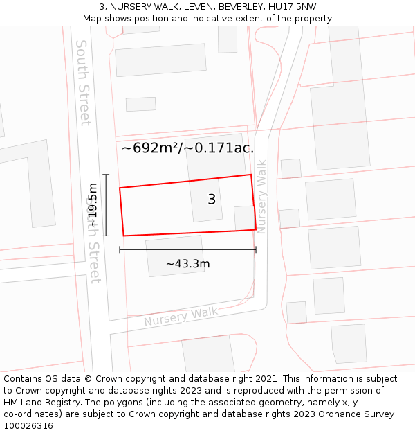3, NURSERY WALK, LEVEN, BEVERLEY, HU17 5NW: Plot and title map