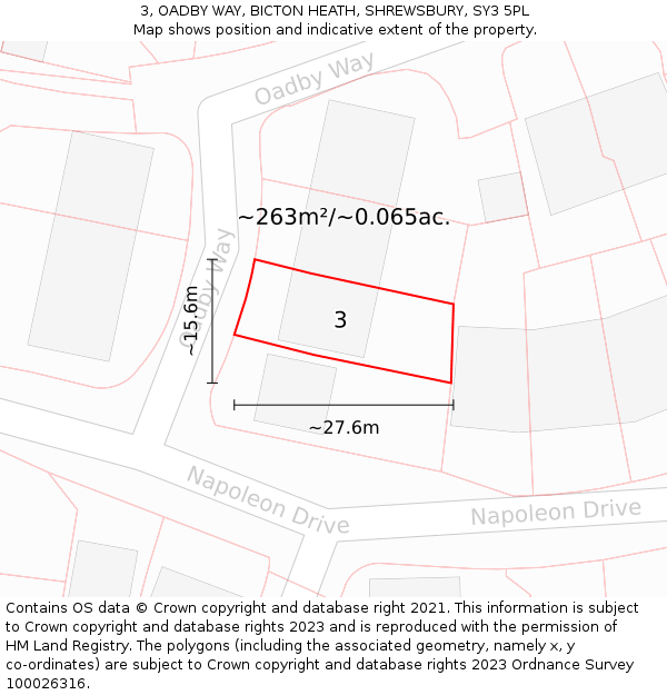 3, OADBY WAY, BICTON HEATH, SHREWSBURY, SY3 5PL: Plot and title map
