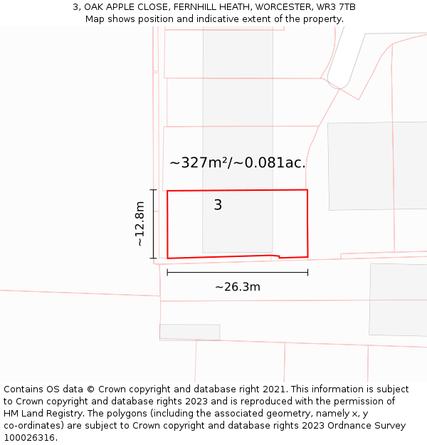 3, OAK APPLE CLOSE, FERNHILL HEATH, WORCESTER, WR3 7TB: Plot and title map