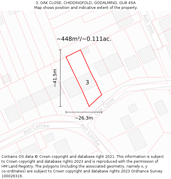3, OAK CLOSE, CHIDDINGFOLD, GODALMING, GU8 4SA: Plot and title map