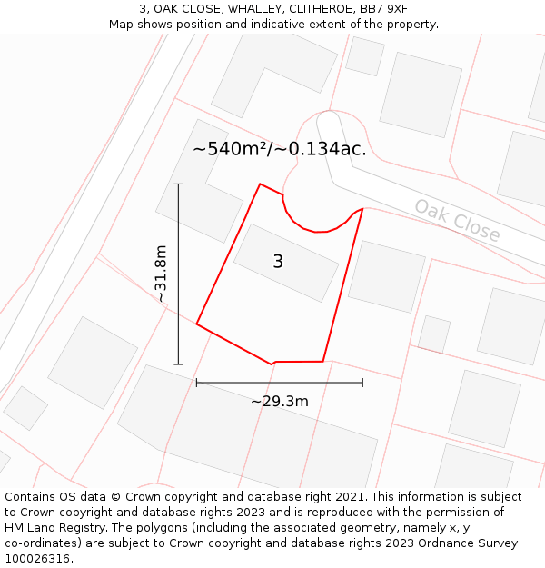 3, OAK CLOSE, WHALLEY, CLITHEROE, BB7 9XF: Plot and title map