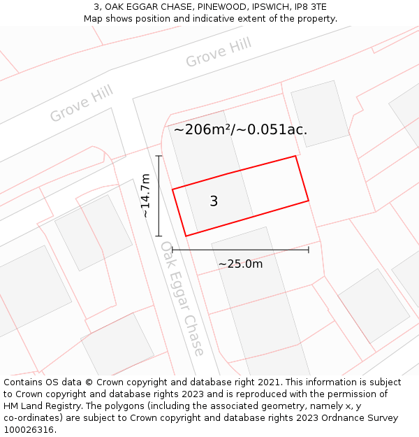 3, OAK EGGAR CHASE, PINEWOOD, IPSWICH, IP8 3TE: Plot and title map