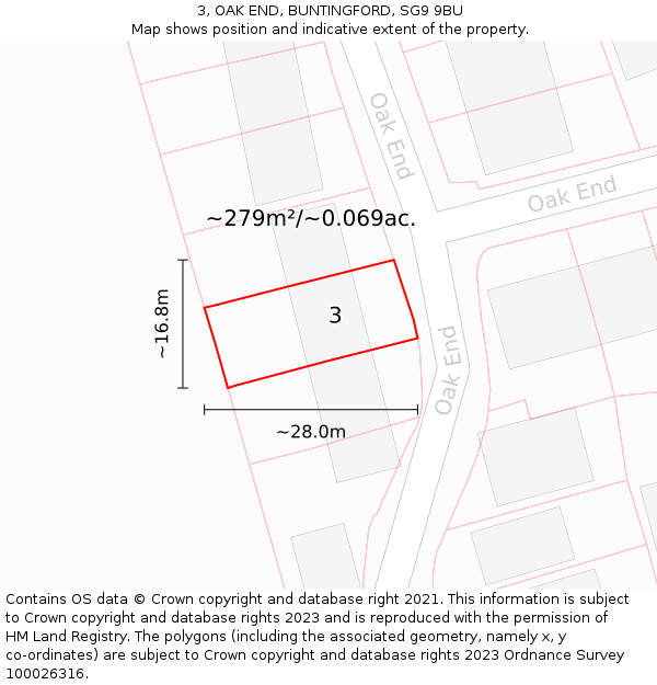3, OAK END, BUNTINGFORD, SG9 9BU: Plot and title map