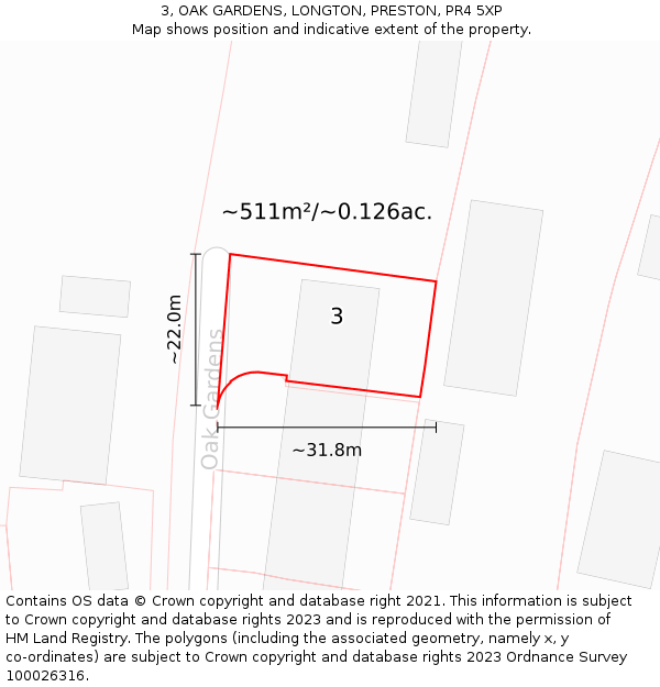 3, OAK GARDENS, LONGTON, PRESTON, PR4 5XP: Plot and title map