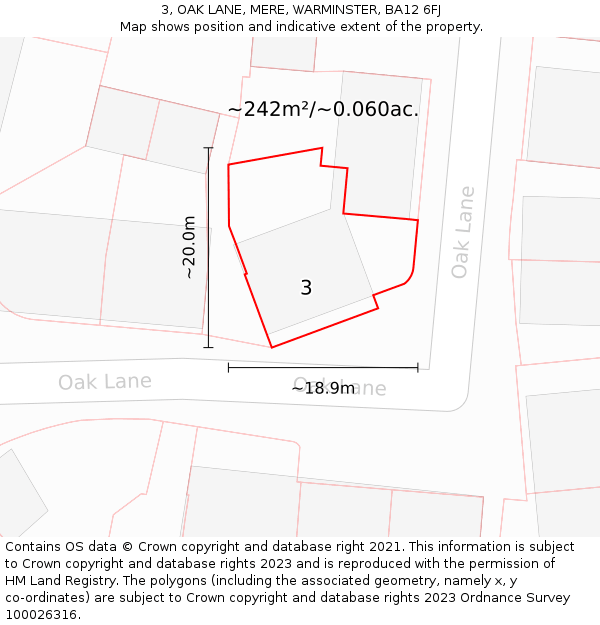 3, OAK LANE, MERE, WARMINSTER, BA12 6FJ: Plot and title map