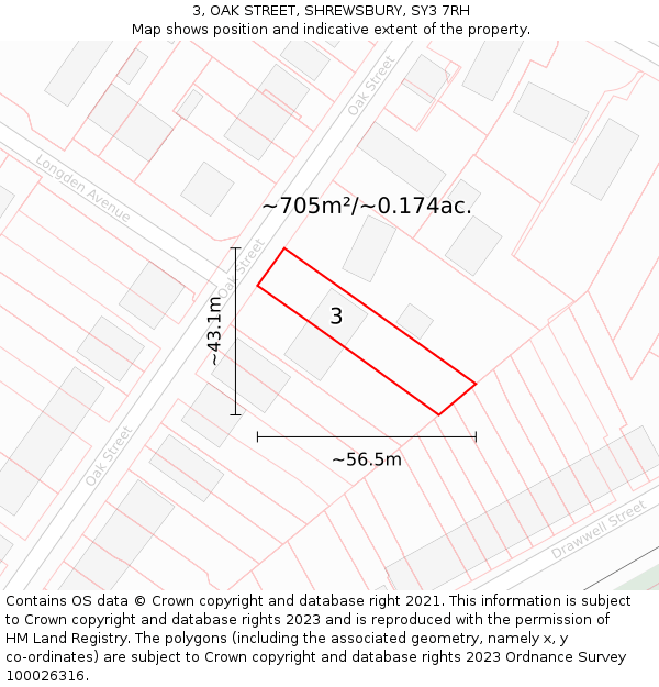 3, OAK STREET, SHREWSBURY, SY3 7RH: Plot and title map