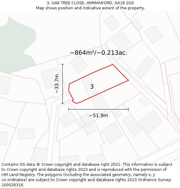 3, OAK TREE CLOSE, AMMANFORD, SA18 2GX: Plot and title map