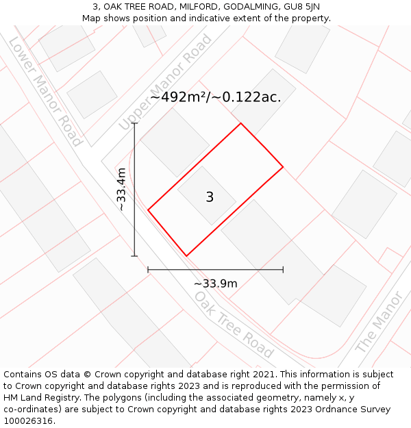 3, OAK TREE ROAD, MILFORD, GODALMING, GU8 5JN: Plot and title map