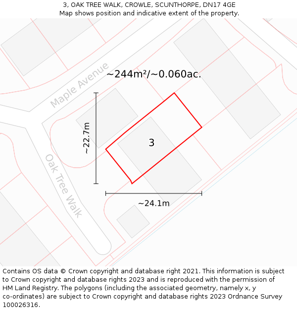 3, OAK TREE WALK, CROWLE, SCUNTHORPE, DN17 4GE: Plot and title map