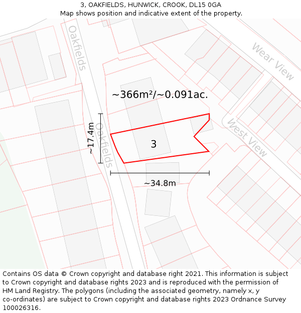 3, OAKFIELDS, HUNWICK, CROOK, DL15 0GA: Plot and title map