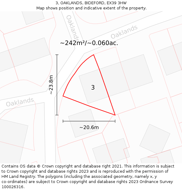3, OAKLANDS, BIDEFORD, EX39 3HW: Plot and title map