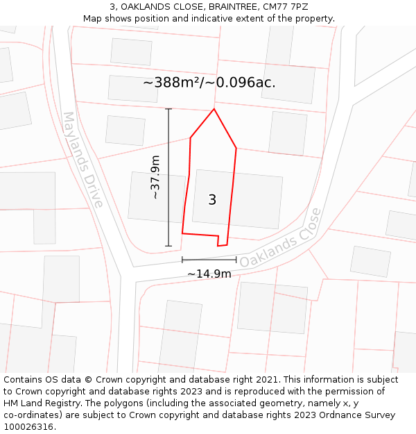 3, OAKLANDS CLOSE, BRAINTREE, CM77 7PZ: Plot and title map