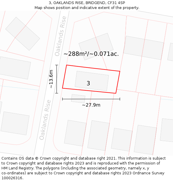 3, OAKLANDS RISE, BRIDGEND, CF31 4SP: Plot and title map